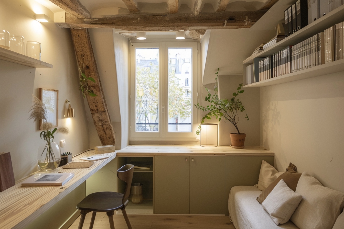 Aménagement astucieux et fonctionnel d'un coin bureau dans un petit appartement à Saint-Ouen-sur-Seine, présentant des idées innovantes et pratiques